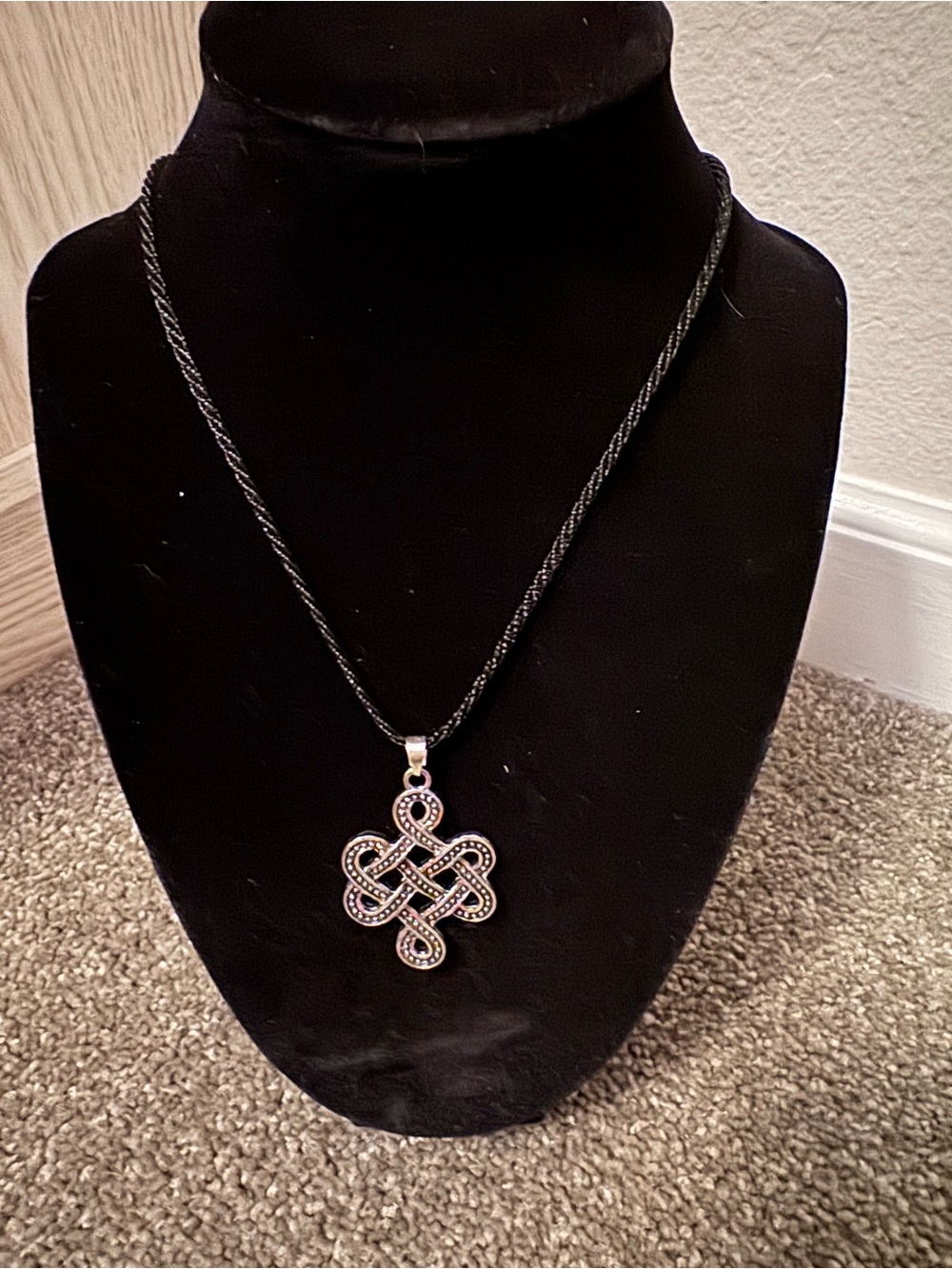 Silver-Tone Knot Pendant Necklace in Black Cord